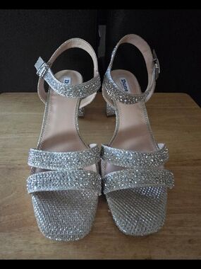 Dune London rhinestone ankle strap block heel sandal (silver)  Size 40 US 10